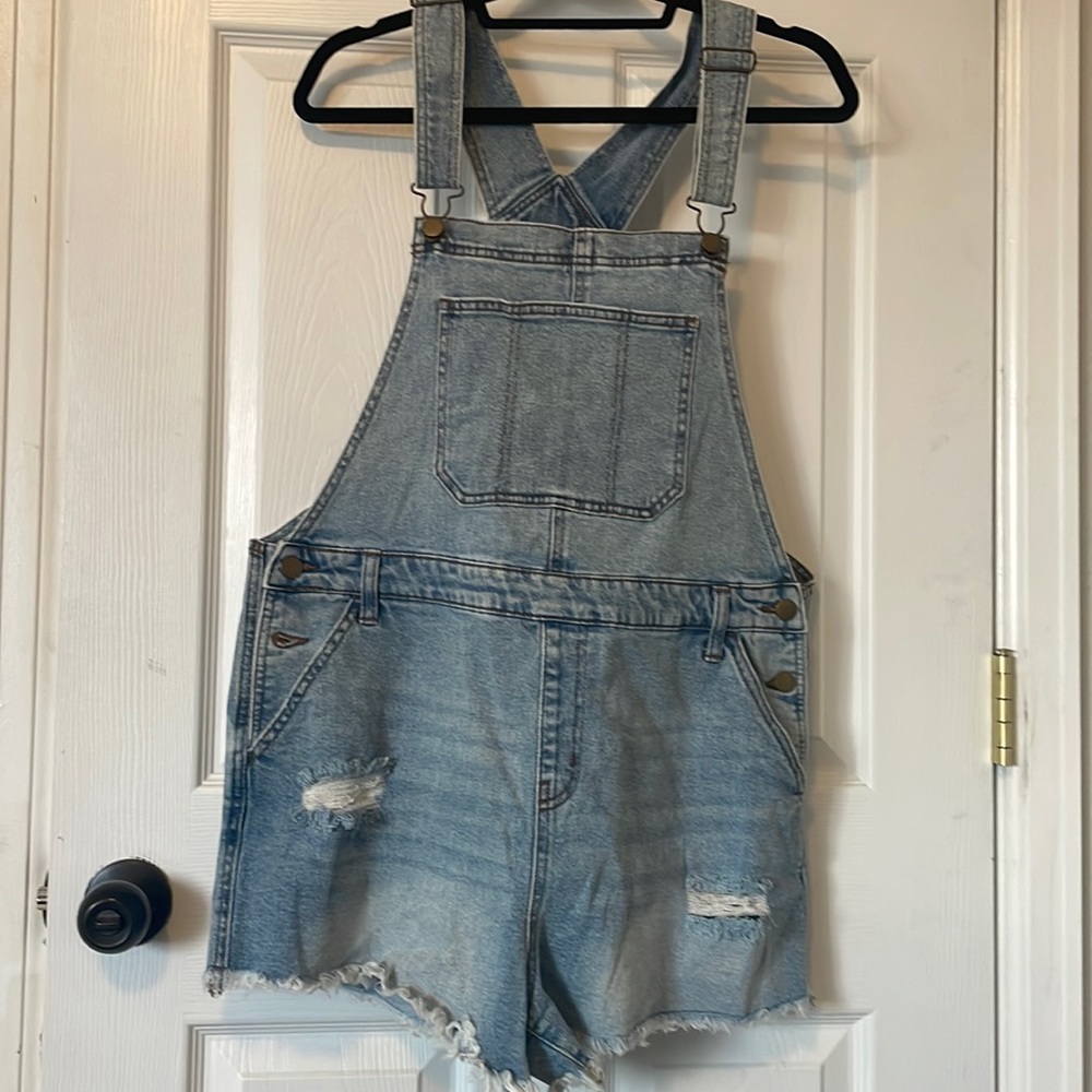 Light-wash Distressed Overall Shorts